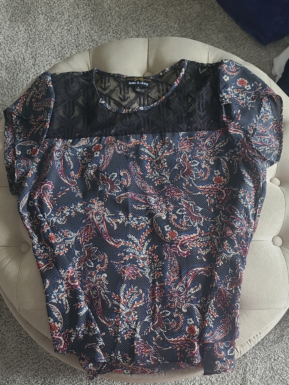 Size XL. Navy Paisley Lace Yoke Short Sleeve Top Bin 4